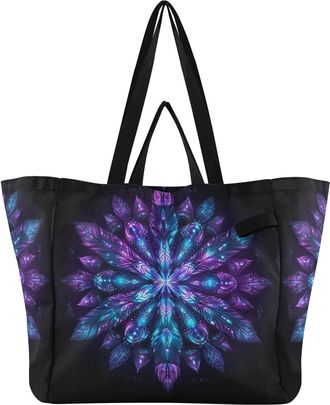 Generic Feather Mandala Purple pattern Reusable Canvas Tote Bag, Heavy Duty Grocery Shopping Bag with Large Capacity Double Handles Hard Bottom Work Groceries
