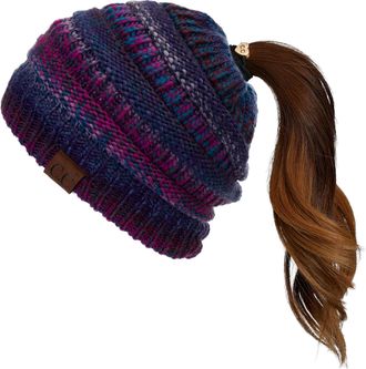 C.C Exclusives Soft Stretch Cable Knit Messy Bun Ponytail Beanie Winter Hat for Women (MB-20A), Purple Mix, One Size