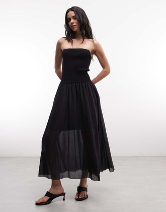 AllSaints Tegan - Vestito midi a fascia arricciato nero a coste