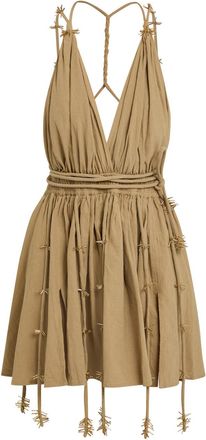 Caravana Bead Embellished Halterneck Cotton Mini Dress - Beige - One Size
