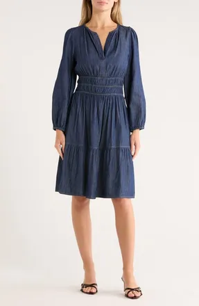Tommy Hilfiger Long Sleeve Fit & Flare Chambray Dress in Dark Wash at Nordstrom Rack, Size 2