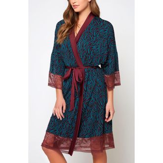 iCollection Zebra Print Lace-Trim Robe in Teal-Burgundy at Nordstrom, Size X-Large