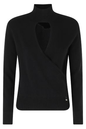 Herno Black High Neck Cut-Out Crossover Wool Sweater