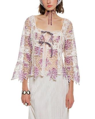 Anna Sui Medallion Floral Lace Tie Blouse in Mauve/cream at Nordstrom, Size X-Small