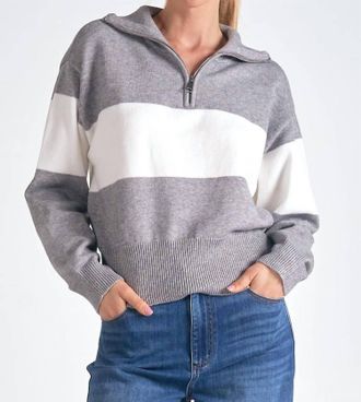 Elan Half Zip Striped Sweater Top In Grey/white