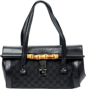 Gucci Black Monogrammed Canvas Bamboo Bullet Tote (Authentic Pre-Loved)