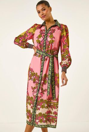 Roman Floral Print Border Shirt Midi Dress