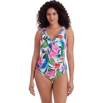 Longitude Ruffle Front Surplice Long Torso One-Piece Swimsuit in Midnight Plumeria at Nordstrom, Size 12