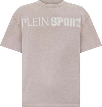 Plein Sport Washed Round Neck T-Shirt Crackle Scratch - Heren - Sportshirts - Beige - M - Katoen - Fitness