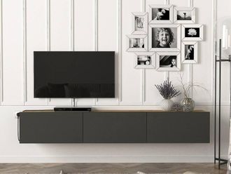 Vente-Unique Wall - Mounted TV Unit With 3 Doors - Anthracite & Light Natural in Grey