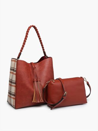 Jen & Co. Womens Dina Plaid Contrast Tote With Tassel And Removable Crossbody Pouch In Rust/cream