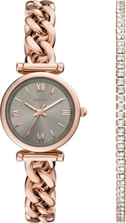 Fossil Womens Carlie Mini 28mm Three-Hand, Rose Gold-Tone Stainless Steel Watch and Bracelet Set