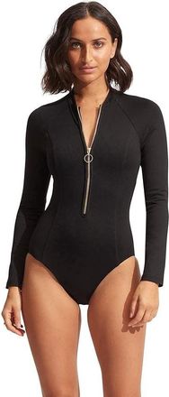 Seafolly Collective Surfsuit Womens Black Zip Front Swimsuits One Piece NWO84