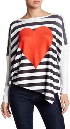 Go Couture Printed Asymmetrical Hem Dolman Sweater in Ivory Red Heart Stripes at Nordstrom Rack, Size X-Large