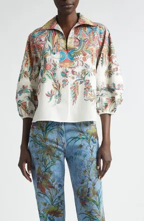 Etro Floral Paisley Cotton Top in Print On White Base at Nordstrom, Size 48