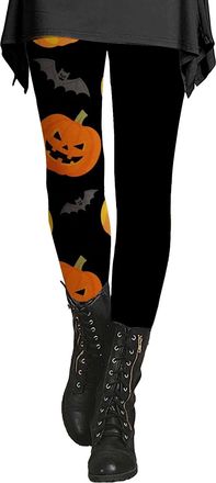 Generic Halloween Leggings for Women Stretch High Waisted Buttery Soft Pumpkin Bat Compression Leggings Plus Size Tummy Control Thermal Tights Pants,Orange,3X