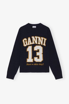 Ganni Navy Dark Blue Graphic Wool Mix Baseball Sweater - Size XXS