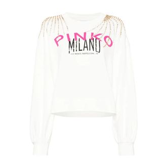Pinko Witte Logo-Print Sweatshirt Casual Sweater - Dames - Hoodies - Wit - L - Katoen - Hoodies & sweatvesten