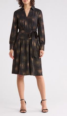 Calvin Klein Long Sleeve Foil Dot Chiffon Dress in Black/Gold at Nordstrom Rack, Size 12