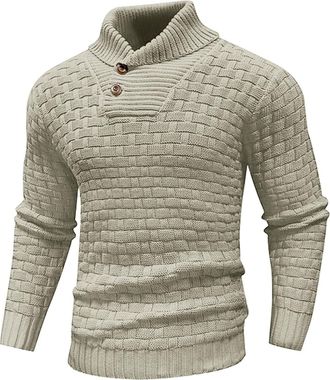 Generic Mens Winter Jumpers Warm Knitted Stand Collar Jumper Long Sleeve Knitwear Pullover Sweaters for Men Buttons Twisted Winter Tops (Light Yellow, L)