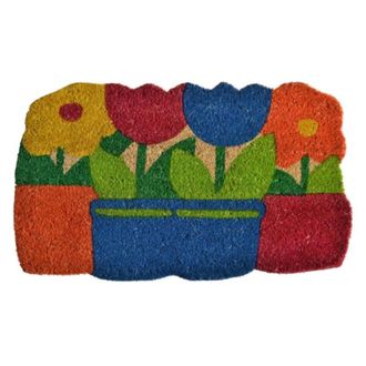 Imports Decor Flower Pots Coir Door Mat, Handwoven Coconut Fiber Doormat with Floral Design, Non-Slip PVC Backing Indoor Outdoor Entrance Rug