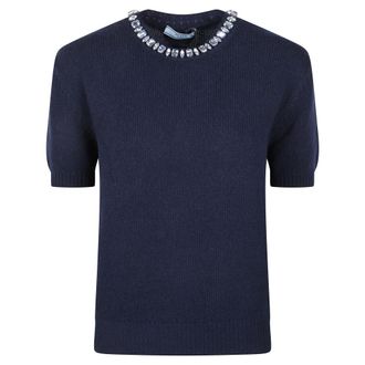 Prada Round-neck Knitwear, female, Blue, Size: S Wool and Cashmere Crew-Neck Sweater