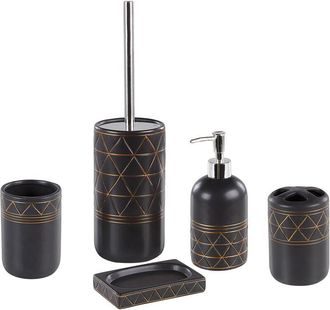 Beliani Beliani - Accesorios De Ba&ntilde;o Set Dispensador De Jab&oacute;n Art Deco De Cer&aacute;mica Dorado Negro Vaso Escobilla De V&aacute;ter Lanco