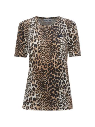 Ganni Brown Animal Print Crew Neck T-Shirt