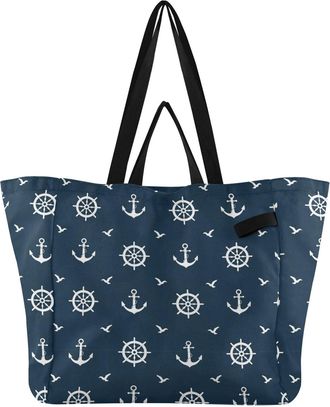 Generic Round Blue pattern Reusable Canvas Tote Bag, Heavy Duty Grocery Shopping Bag with Large Capacity Double Handles Hard Bottom Work Groceries Travel