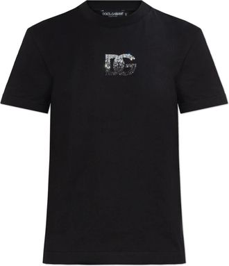 Dolce & Gabbana T-Shirts, female, Black, Size: 2XS T-shirt with a logo finished with shimmering crystals
