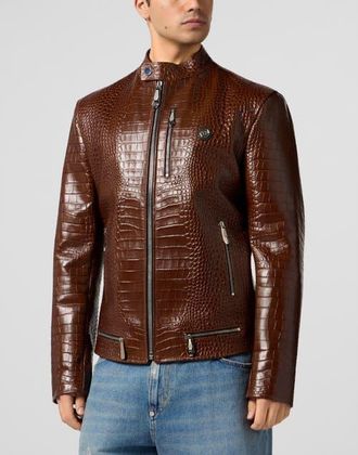 Philipp Plein Leather Moto Jacket Cocco Men in Brown at Nordstrom, Size Medium