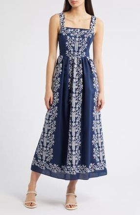 Julia Jordan Embroidered Square Neck Dress in Navy Ivory at Nordstrom Rack, Size 16