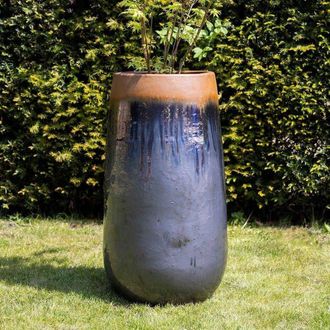 PRIMROSE Terracotta Tall Round Honey Pot Style Planter In Grey & Blue 75cm in Dark Blue