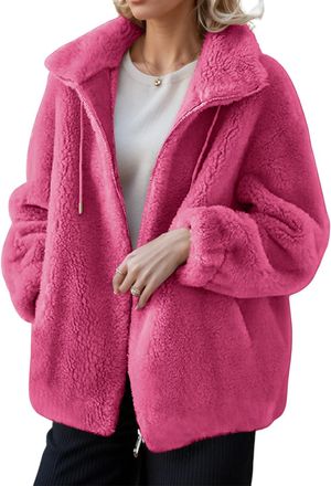Generic Womens Fuzzy Teddy Jacket Full Zip, Oversized Fleece Hoodie with Pockets, Fluffy Winter Jumper Coat for Women, Warm Casual Sherpa Zip Jacket, Soft Fle