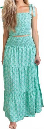 8 Oak Lane Block Print Smocked Tie Top And Skirt Set In Green