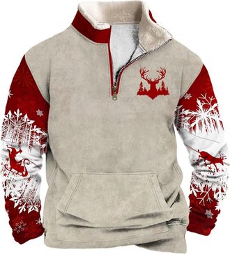 Generic Christmas Jumpers Christmas Jumpers for Men 1/4 Zip Xmas Tree Pullover Sweatshirt Long Sleeve Stand Collar Funny Xmas Jumper Reindeer Snowflakes Print
