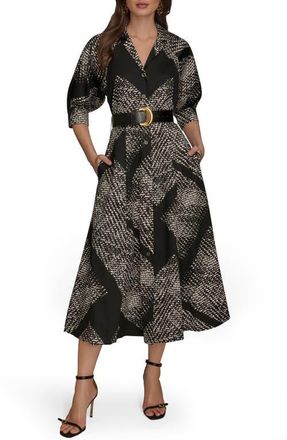 DKNY Abstract Houndstooth Check Belted Midi Shirtdress in Blk Cream at Nordstrom, Size 14