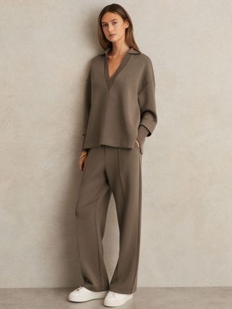Reiss Khaki Green Bernie Premium Interlock Wide-leg Joggers, Slo