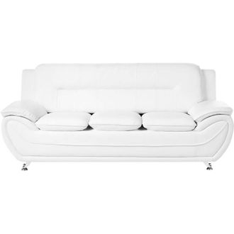 Beliani 3 Seater Sofa White Vegan Eco Leather Couch Arms Silver Metal Legs Easy Clean Modern Glam Style Living Room LEIRA