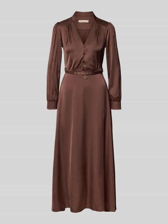 Rinascimento Rinascimento Abendkleid aus Satin mit V-Ausschnitt und G&uuml;rtel in Dunkelbraun, Gr&ouml;&szlig;e S