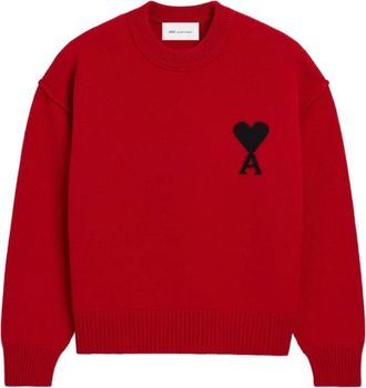 Ami Crewneck Wol Trui met Ami de Coeur - Heren - Ronde hals truien - Rood - M - Wol - Truien & Vesten