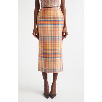 Brandon Maxwell The Mercer Bonded Virgin Wool & Silk Pencil Skirt in Orange Plaid at Nordstrom, Size 10