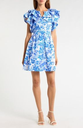Sugarlips Carli Ruffle Sleeve Minidress in White-Blues-Multi at Nordstrom, Size X-Large