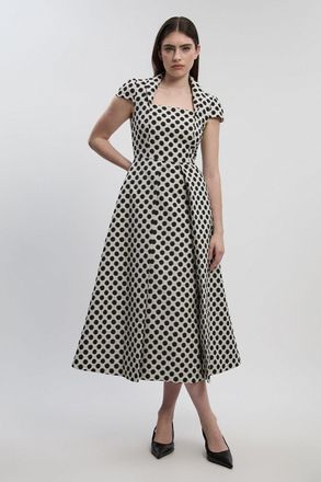 Karen Millen Womens Petite Spot Jacquard Square Neck Tailored Full Skirted Midi Dress - Monochrome Multi - Size 14 UK