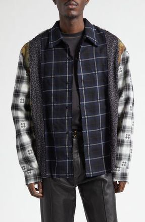 Amiri Spliced MA Quad Flannel Button-Up Shirt in Midnight Blue at Nordstrom, Size Xxx-Large