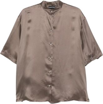 Emporio Armani Satijnen Bandkraag Shirt met Korte Mouwen - Dames - Overhemden - Bruin - XS - Satijn - Overhemden