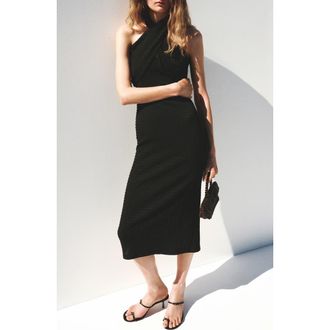 Mango Crossed Halter Midi Dress with Slit in Black at Nordstrom, Size 2