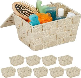 Relaxdays 10x Cajas De Almacenaje Con Tapa, Cesta De Almacenamiento, Pp, 10,5 X 19,5 X 14,5 Cm, Beige