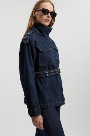 Karen Millen Womens Denim Belted Safari Jacket - Dark Blue Cotton - Size 12 UK