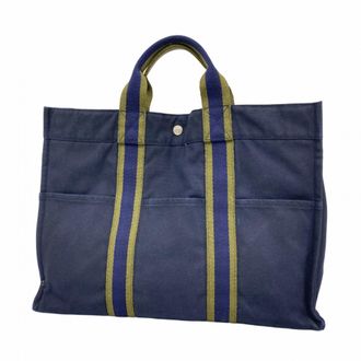 Herm&egrave;s Green Navy Canvas Tote Bag (Pre-Owned)
